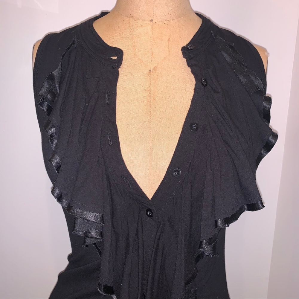 BCBG Black Button up Ruffle Top M - Picture 2 of 5